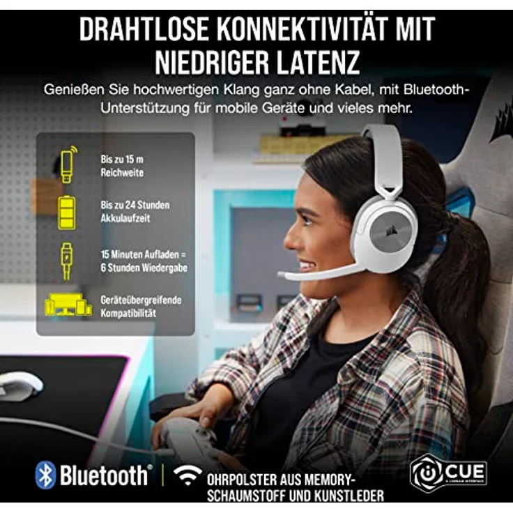 Corsair HS55 Wireless Gaming-Headset - Geringer Latenz 2,4-GHz-Wireless- oder Bluetooth, Dolby® Audio 7.1-Surround-Sound, Leichtgewicht, Omnidirektionales Mikrofon, Zugängliche Tasten - Weiß – Bild 2