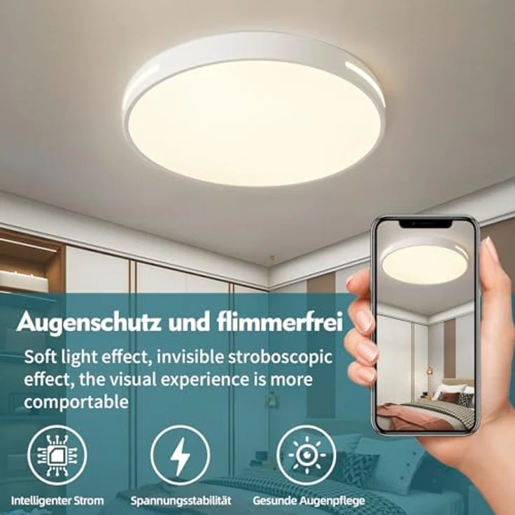 Natsen 96W Deckenleuchte LED Deckenlampe, dimmbar mit Fernbedienung, Runde Leuchte für Küche Diele Wohnzimmer Schlafzimmer Büro, Weiß (50 * 50 * 5cm) – Bild 4