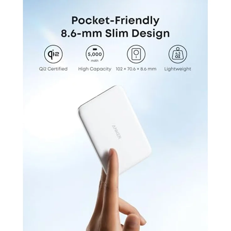 Anker MagGo Power Bank 5K Slim, 5000 mAh, 15 W, kompakte Powerbank, Weiß – Bild 4