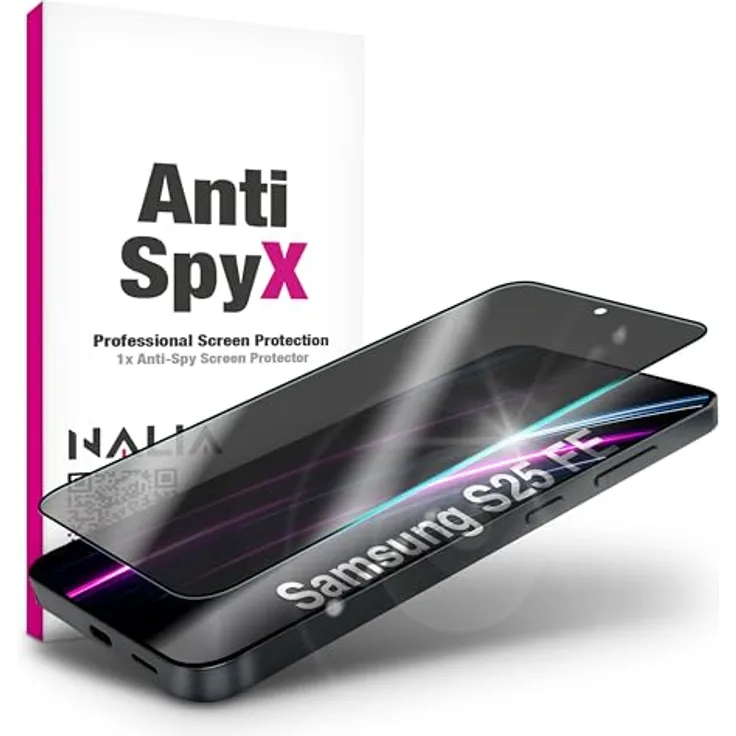 NALIA AntiSpyX, Privacy Schutzglas für Samsung Galaxy S25 FE, 9H Härte, Anti-Spy, kratzfest, touch-sensitiv, hüllen-kompatibel, inkl. Reinigungskit