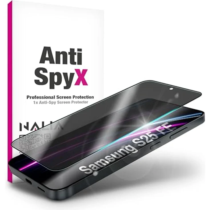NALIA AntiSpyX, Privacy Schutzglas für Samsung Galaxy S25 FE, 9H Härte, Anti-Spy, kratzfest, touch-sensitiv, hüllen-kompatibel, inkl. Reinigungskit – Bild 1