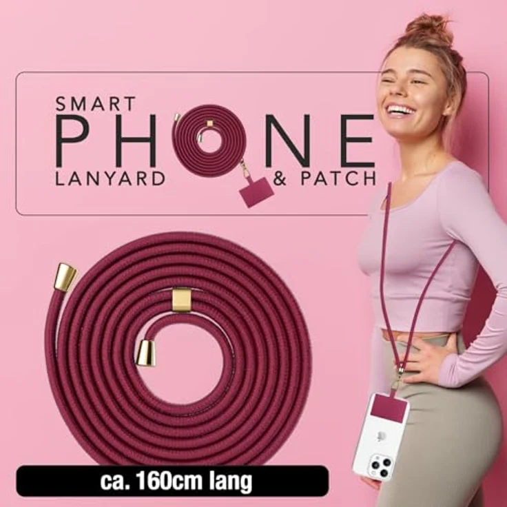 Nalia HoldMe Air Handykette Universal Smartphone, gold, 160cm mit Karabiner und 2 Pads für Full-Cover Hüllen – Bild 2
