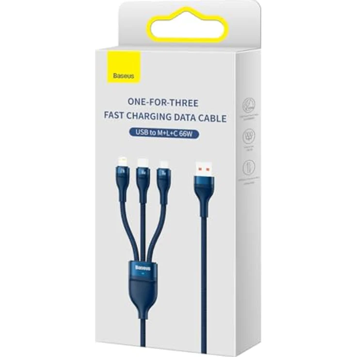Baseus Flash Serie II 3-in-1 Schnellladekabel USB-A zu USB-C/Micro-USB/Lightning, 66W, 480Mb/s, 1,2m, Blau – Bild 5