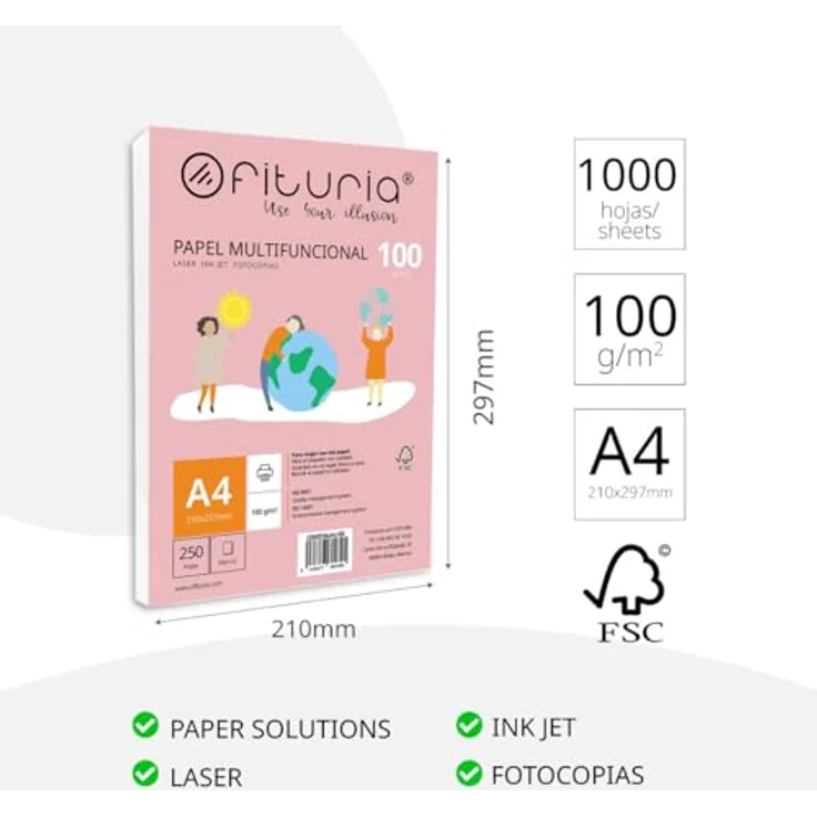 OFITURIA Multifunktionales Druckerpapier, Packung mit 1000 weißen DIN A4 Blättern, 100g, ideal für Laserdrucker und Tintenstrahldrucker – Bild 2