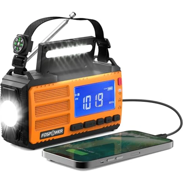 FosPower FOSPWB-2436PP, NOAA/AM/FM Notfallradio mit 10.000 mAh Powerbank, USB/Solar/Handkurbel Aufladung, SOS-Alarm & Taschenlampe für drinnen und draußen – Bild 1