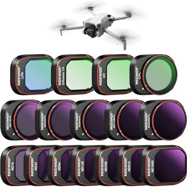 NEEWER ND&CPL Effekt Filter Set für DJI Mini 4 Pro, 16 Pack HD ND16/32/64/128/256/512/1000, inkl. UV, CPL, LPR und Black Diffusion 1/4, Kamera-Filterzubehör