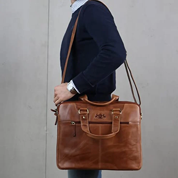 SID & VAIN große Laptoptasche echt Leder - 15 Zoll Laptop Business-Tasche Yann - Umhängetasche Aktentasche Lehrertasche mit Laptop-Fach - Ledertasche Herren Damen braun handgefertigt - Vachetta Leder – Bild 2