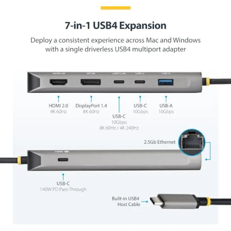 StarTech.com 7-in-1 USB4 Multiport Adapter, Laptop-Dockingstation mit Dual 4K, 140W Power Delivery, 10Gbps Hub und 2,5GbE Mini Dock – Bild 2