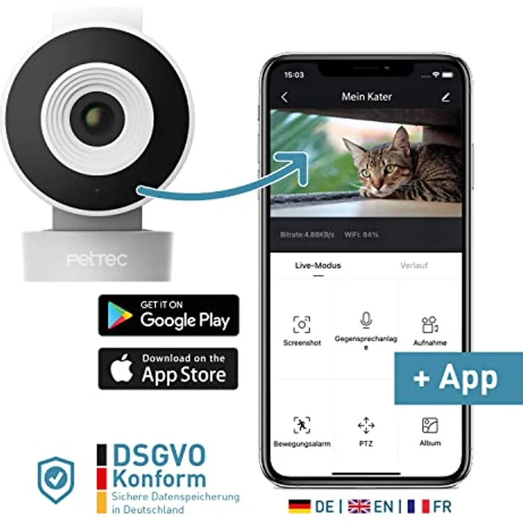PetTec Haustierkamera mit App Bewegungsmelder Handyübertragung WiFi Hundekamera WLAN Hunde Kamera Zuhause Haustier Überwachungskamera – Bild 3