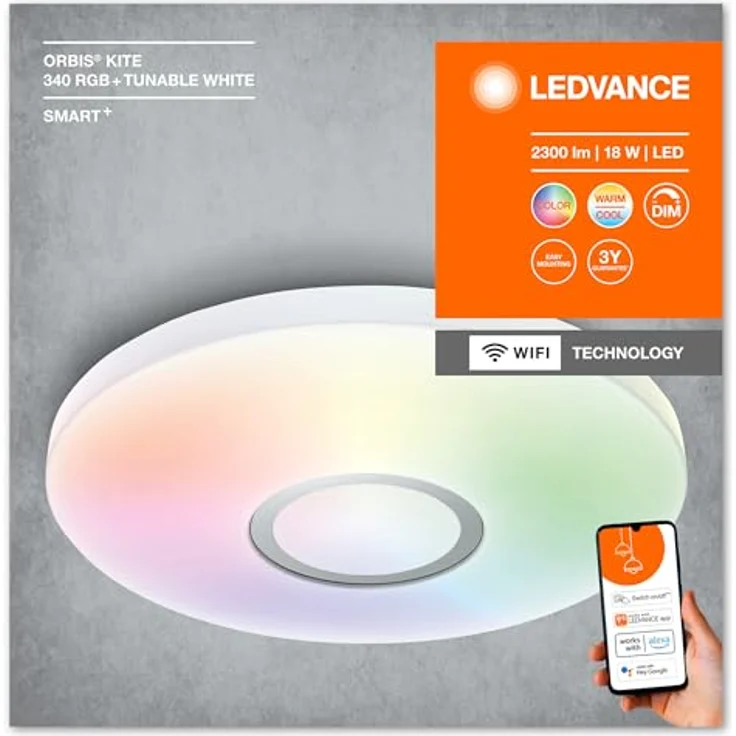 LEDVANCE SMART+ ORBIS KITE RGBW Smarte LED Wand-und Deckenleuchte für Innen mit WiFi Technologie, Lichtfarbe änderbar (3000K-6500K), RGB Farben änderbar, Weiss, 340mm, Kompatibel mit Google und Alexa – Bild 11