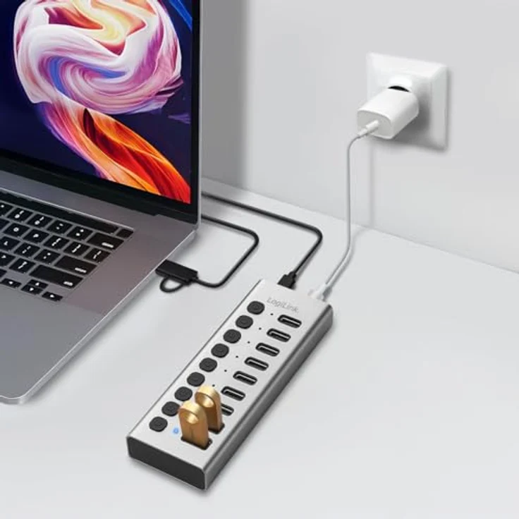 LogiLink UA0448, USB 3.2 Gen1 Hub mit 10-Ports (2x USB-A, 8x USB-C), EIN-/Ausschalter, Aluminium, inkl. 2in1-Kabel und PD 20 W USB-C Ladegerät – Bild 2