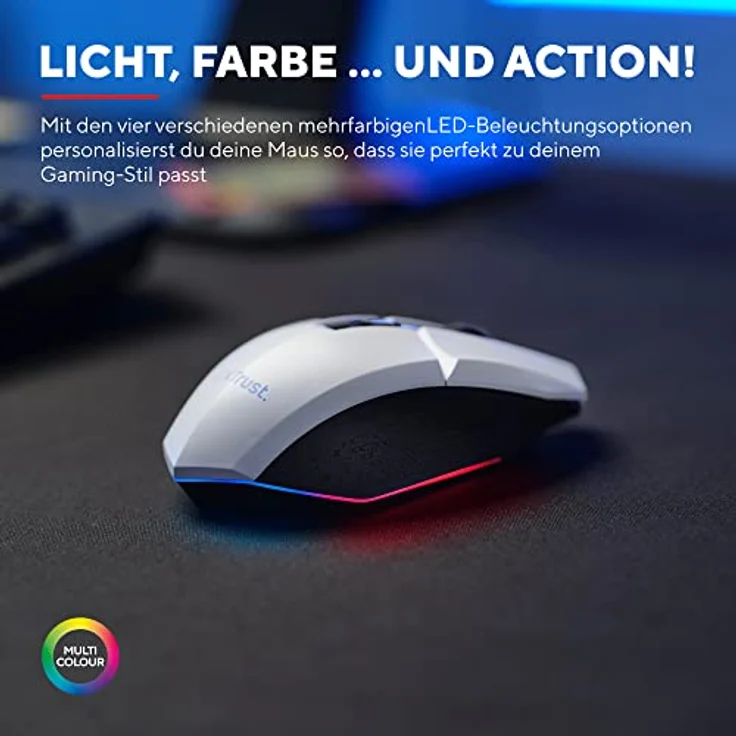 Trust Gaming GXT 110W Felox Wiederaufladbare Kabellose Gaming-Maus, 80 Stunden Akkulaufzeit, 800-4800 DPI, LED-Beleuchtung, 6 Tasten, Wireless Mouse für PC, Laptop, Computer, Windows – Weiß – Bild 4