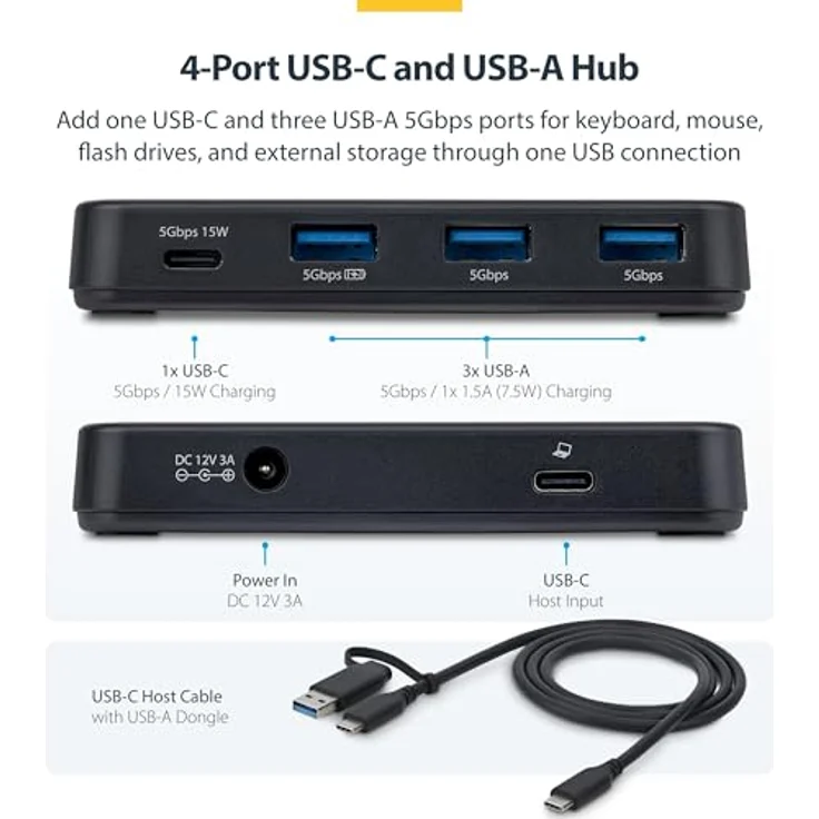 StarTech 4-Port USB-C und USB-A Hub mit Eigenstromversorgung, 5Gbps, 36W Netzadapter, 1x USB-C, 3x USB-A, Plug and Play für MacBook und Windows – Bild 2