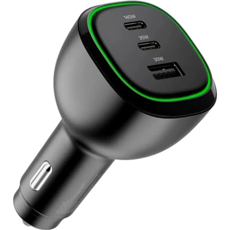 ALOGIC Rapid Power 165W Auto-Netzteil, 3-in-1 Ladegerät mit 2 USB-C und 1 USB-A Anschluss, kompakte Bauweise, Schwarz – Bild 1