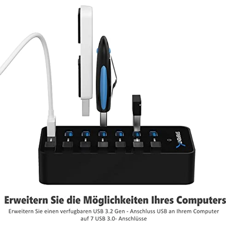 SABRENT USB Hub aktiv 3.2 gen1, mit netzteil 36W 7port, USB Adapter mehrfach Verlängerung, USB Verteiler, Powered USB hub, langes Kabel mit EIN/AUS-schaltern, für PS5, PC, Laptop, MacBook (HB-BUP7) – Bild 2