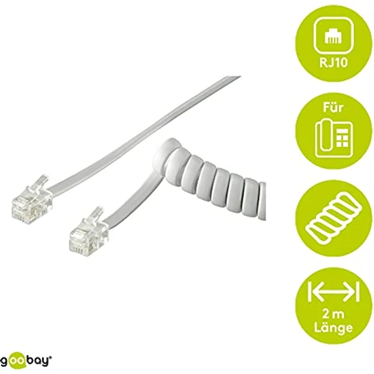 Goobay 50246 Telefonhörer Spiralkabel, Flachkabel mit RJ10-Stecker (4P4C) auf RJ10-Stecker (4P4C), Weiß, 2 Meter – Bild 3