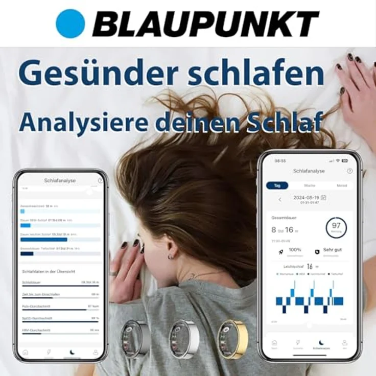 Blaupunkt Smart Ring PRO, Titan Fitness- und Gesundheitsring mit IP68, Schlaf- und Pulsüberwachung, SpO2, für Android und iOS, Silber, Größe 13 – Bild 5