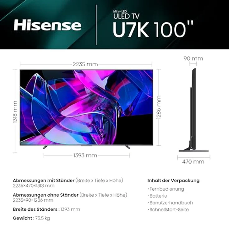 Hisense 100U7KQ (100 Zoll) Fernseher 4K Mini LED ULED HDR Smart TV, Quantum Dot, 120Hz, HDMI 2.1, Game Mode Pro, Dolby Vision IQ & Atmos, Bluetooth, Alexa Built-in, Anthrazit – Bild 2