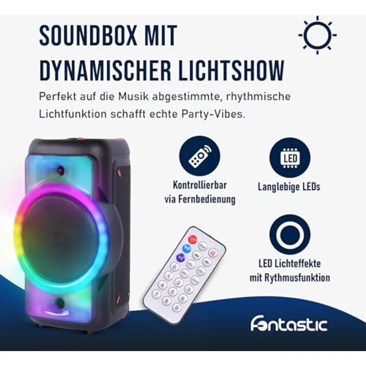 Fontastic Party Lautsprecher Rokka, tragbarer Trolley-Bluetooth Lautsprecher mit USB-Wiedergabe, AUX, MicroSD, LED-RGB Lichteffekten und Mikrofon, Schwarz – Bild 5