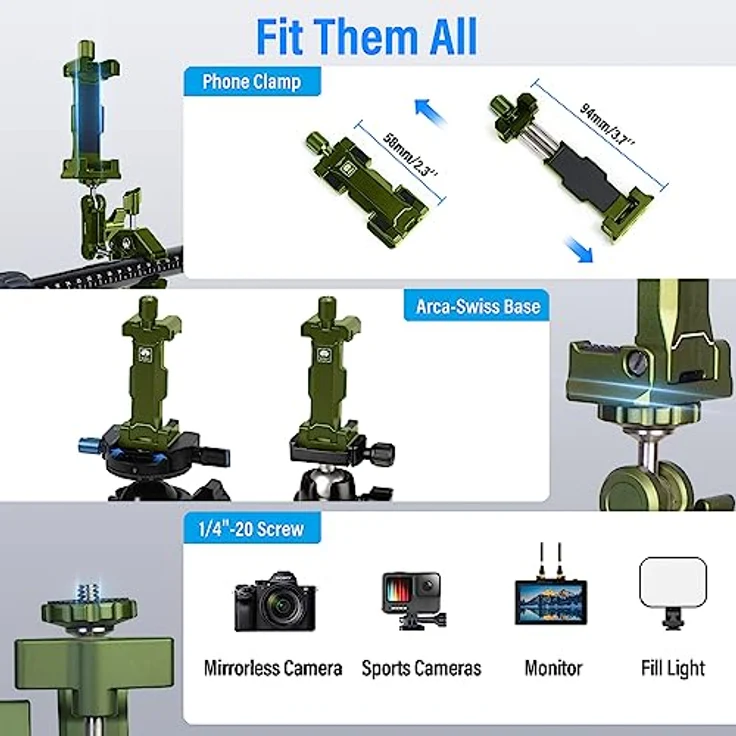 Sirui Alien Series Magic Arm mit Telefonklemme, Krabbenförmige Gelenkkamera-Klemme mit 1/4-Zoll-20-Schraube, 3/8-Zoll-16 Löcher, passend für Gopro/DSLR-Kamera/Handys, Grün (MA-G) – Bild 3