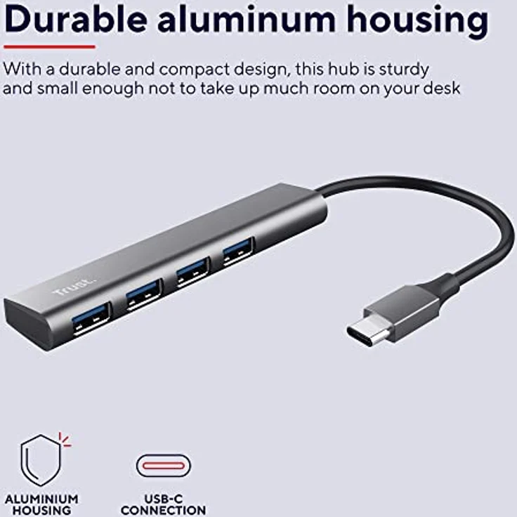 Trust Halyx USB-C Hub 3.2 Gen 1, 4 Port USB-A Adapter 5 GBit/s, Dünn und Kompakt, USB Verlängerung Datenhub, USB Verteiler, USB Splitter für Computer, PC, Laptop, Desktop, Windows - Grau – Bild 3