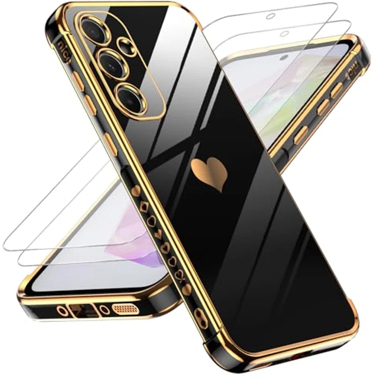 LeYi Hülle für Samsung Galaxy A55 5G, TPU Silikon Schutzhülle mit Herz Muster, 2 Schutzfolien, stoßfest und kratzfest, Schwarz – Bild 1