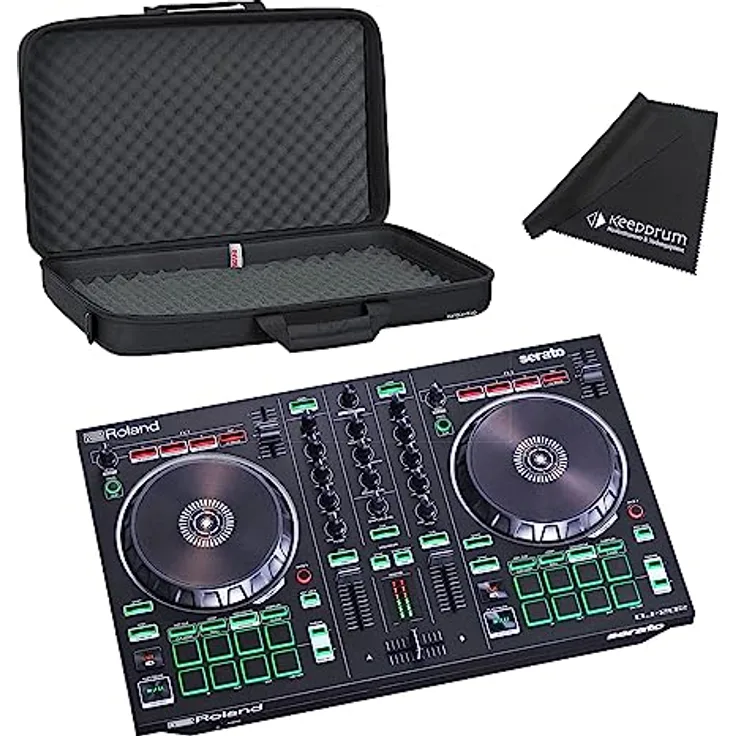 Roland DJ-202 2-Kanal 4-Deck USB-DJ-Controller mit Gator Tasche und keepdrum Mikrofasertuch