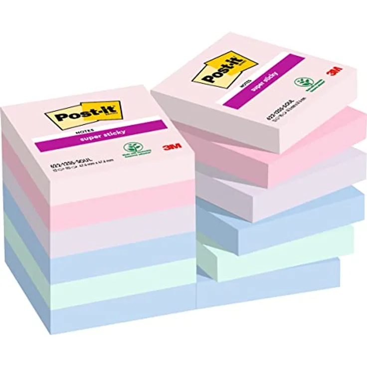 Post-it Notes Super Sticky Haftnotizblock Soulful Collection, 47,6x47,6mm, 90 Blatt, bunt (blau, grün, rosa, lavendelfarben)