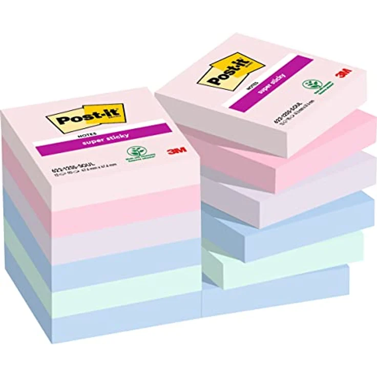 Post-it Notes Super Sticky Haftnotizblock Soulful Collection, 47,6x47,6mm, 90 Blatt, bunt (blau, grün, rosa, lavendelfarben) – Bild 1