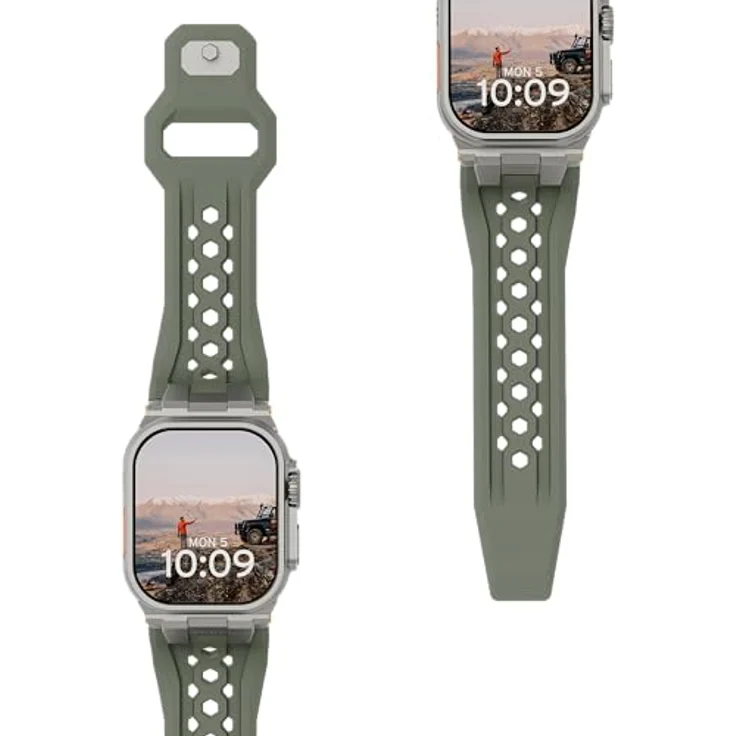 URBAN ARMOR GEAR Monarch Strap für Apple Watch (Ultra 2 / Ultra / SE / 46/45/44/42mm, FKM Silikon, Edelstahl Verschluss, olive/titan) – Bild 1