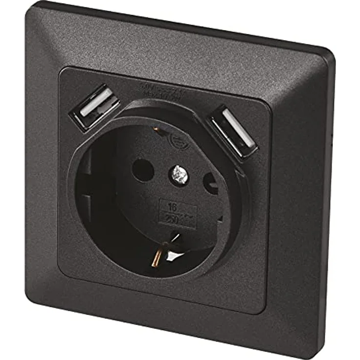 EMOS A6000.3 Unterputz-Steckdose mit 2X USB-Port Schuko, 5V / 2,1A, Anthrazit, Schwarz