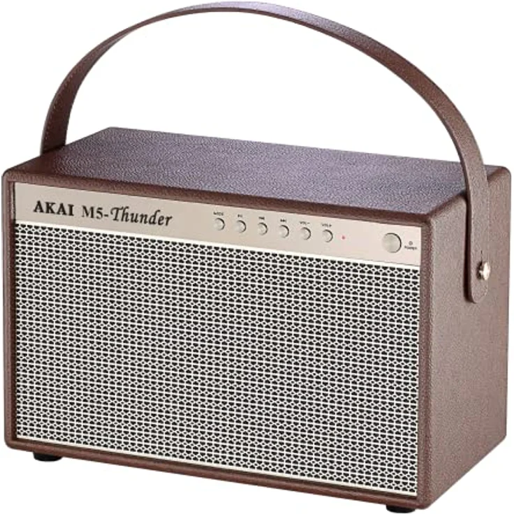 Akai Retro Bluetooth Lautsprecher mit Leder-Optik - Tragbarer Bluetooth 5.0 Speaker Box für Indoor & Outdoor im Vintage Look, USB, Aux-In, Braun – Bild 3