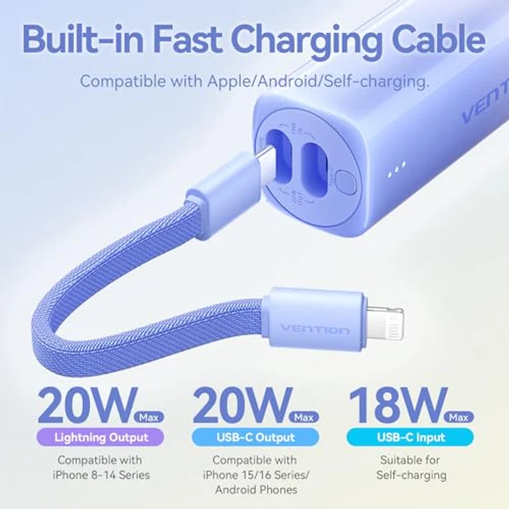 VENTION Mini Power bank 5000mAh mit USB C & Lightning Kabel PD 20W - Grau, Schnellladefunktion, LED Display, kompatibel mit iPhone, iPad, Samsung Galaxy, MacBook, Huawei – Bild 3