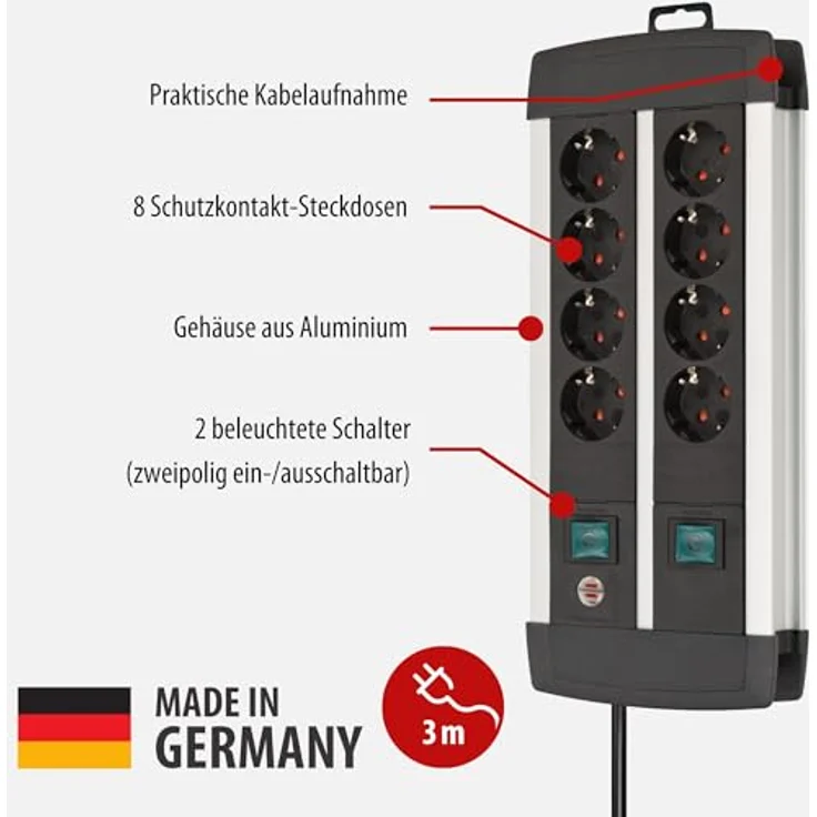 Brennenstuhl Premium-Alu-Line, Steckdosenleiste 8-fach - Steckerleiste aus hochwertigem Aluminium (mit 2 Schaltern für je 4 Steckdosen und 3m Kabel, Made in Germany) silber-schwarz – Bild 2