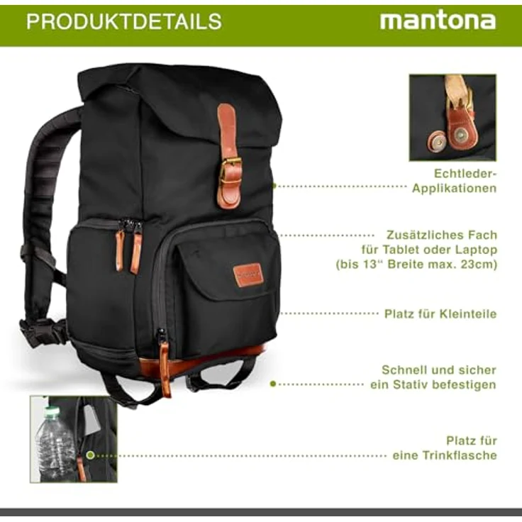 Mantona Luis junior Retro Fotorucksack (mit Echtleder-Applikationen, inkl. Regenschutzhülle, flexible Einteilung und Tablet-Fach für 1x DSLR-Kamera, 1-2 Objektive und diverses Fotozubehör) schwarz – Bild 5