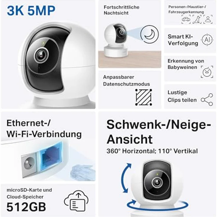 Tapo C232 360° KI-WLAN-Überwachungskamera, 3K 5MP, Ethernet/WLAN, Bewegungsverfolgung, Nachtsicht, Zwei-Wege-Audio, kompatibel mit Alexa und Google Assistant, MicroSD-Karten-Slot bis 512 GB – Bild 3