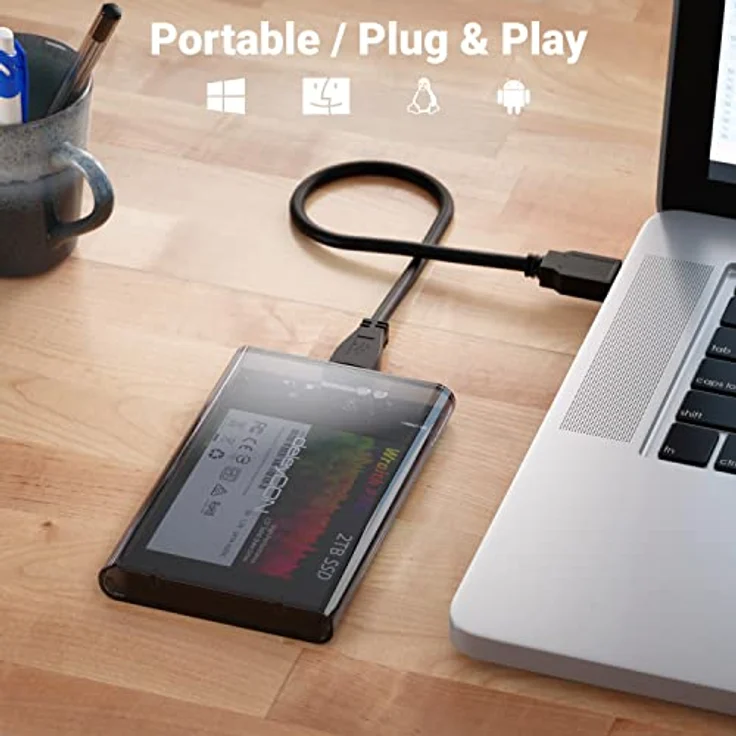 deleyCON SSD Festplattengehäuse USB 3.1 Gen. 1 für 2,5“ Zoll SATA 3 SSD / HDD, UASP, Transparent-Grau – Bild 3