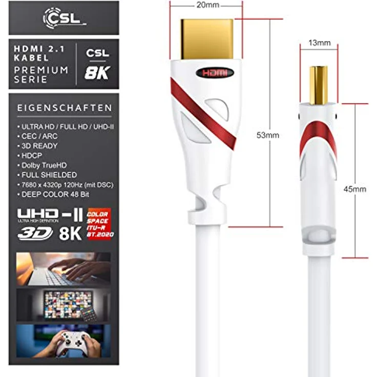 CSL-Computer 5m - Ultra HD 4k HDMI Kabel - High Speed with Ethernet - Kabel 3 Fach geschirmt inkl. Stecker- und Kontaktschirmung - 4K Ultra HD 2160p bei 60 Hz Full HD 1080p - 3D ARC C - weiß – Bild 2