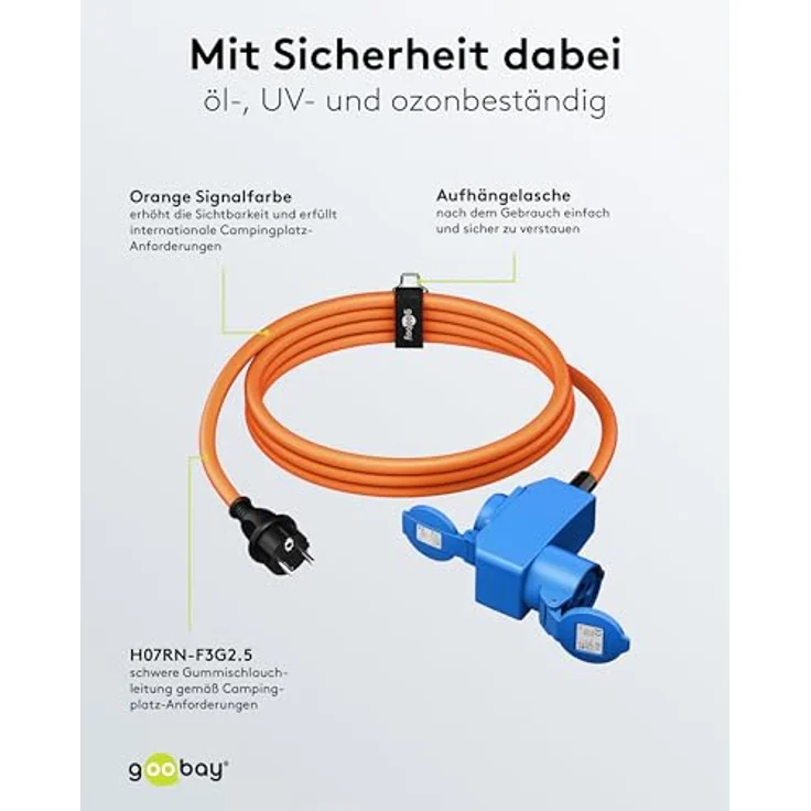 Goobay Camping Adapterleitung 1,5 m, orange, Schukostecker, IP44, öl- und UV-beständig, 2 CEE-Buchsen – Bild 4