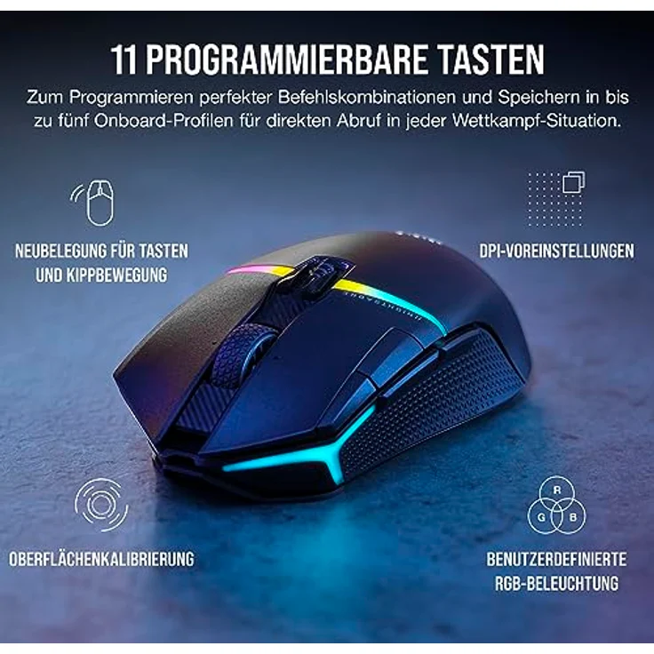 Corsair NIGHTSABRE RGB Wireless Gaming-Maus Für FPS, MOBA - 26.000 DPI - 11 Programmierbare Tasten - Bis zu 100 Stunden Akku - iCUE-Kompatibel - Schwarz – Bild 3