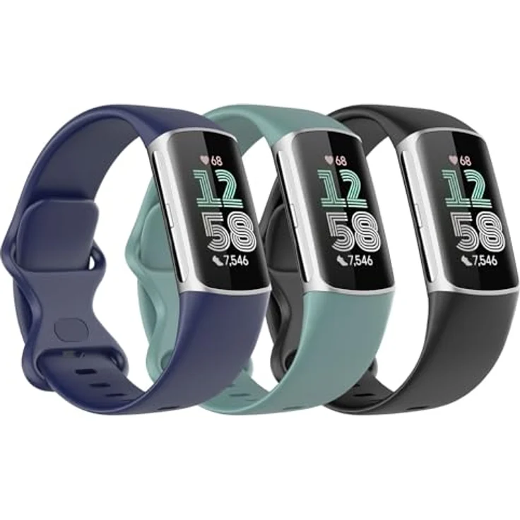 Astorgos 3 Stück Armband für Fitbit Charge 6/Fitbit Charge 5, Weiches TPE Uhrenarmband in Schwarz/Dunkel Blau/Tannen Grün, Hautfreundlich und Wasserdicht – Bild 1