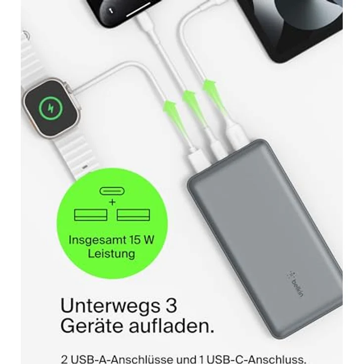 Belkin BoostCharge Powerbank, 20.000mAh, Spacegrau, 3 Anschlüsse zum Schnellladen – Bild 2