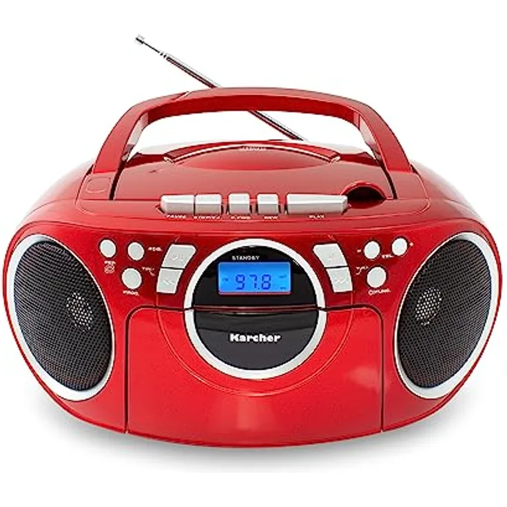 Karcher RR 5042-R Tragbares CD Radio/Boombox mit CD-Player und Kassettenspieler (UKW, Batterie-/Netzbetrieb, AUX-In) in Rot