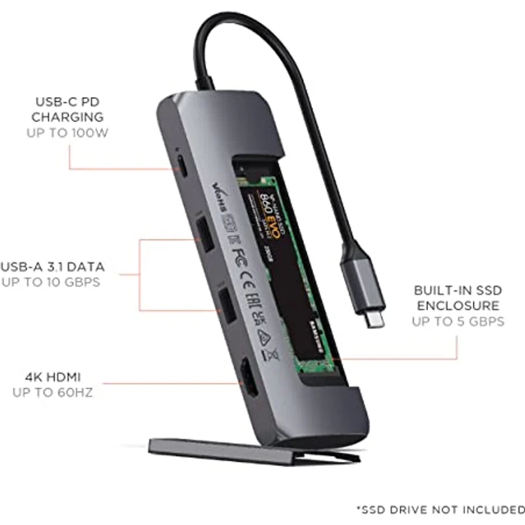 SATECHI USB-C Hybrid Multiport Adapter - Integrierter SSD-Speicher, 4K HDMI 60Hz, USB-C PD, USB-A 3.1 - Space Grau - Preisvergleich – Bild 4