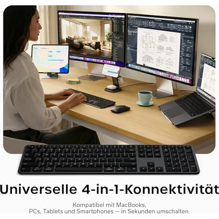 Satechi EX3 Slim, Kabellose Tastatur mit Full-Size-Layout und 4-in-1-Wireless-Konnektivität, Englisch (US), Schwarz – Bild 3