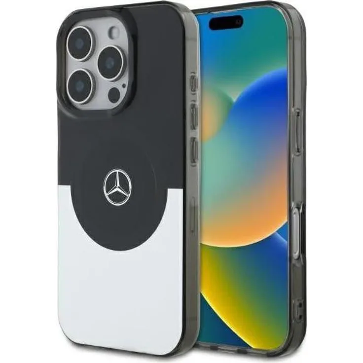 Mercedes MEHMP16L23HBIGK iPhone 16 Pro Smartphone-Hülle, doppellagige Hardcase in Schwarz und Silber, kompatibel mit MagSafe