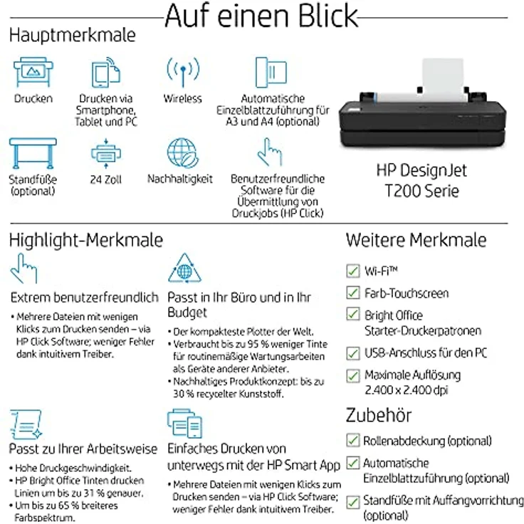 HP Designjet T250 Großformatdrucker Thermal Inkjet Farbe 2400 x 1200 DPI A1 (594 x 841 mm) Eingebauter Ethernet-Anschluss WLAN (5HB06A) – Bild 6