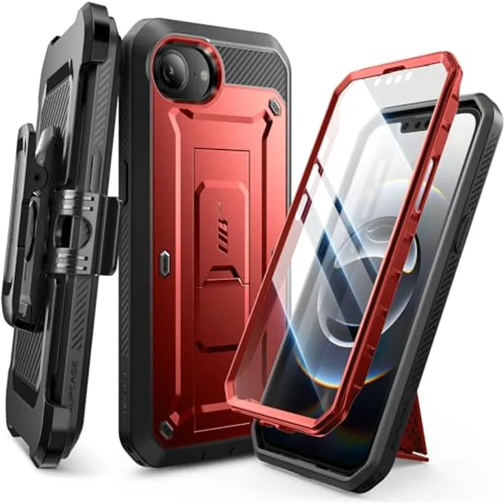 SupCase Unicorn Beetle Pro iPhone 16e Hülle 6.1” Outdoor Handyhülle 360 Grad Case Bumper Schutzhülle Cover mit Displayschutz, Ständer und Gürtelclip für iPhone 16e 2025 (Rot)