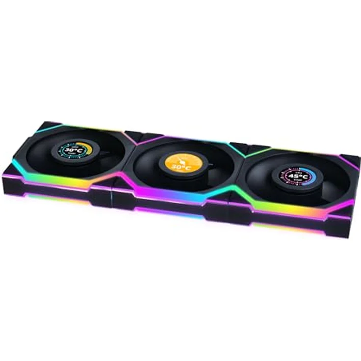 Lian Li UNI FAN SL Wireless LCD Lüfter, ARGB, PWM, 3er-Pack inkl. Controller - Reverse Blade, 120 mm, schwarz - Leistungsstarke RGB Gehäuselüfter – Bild 1