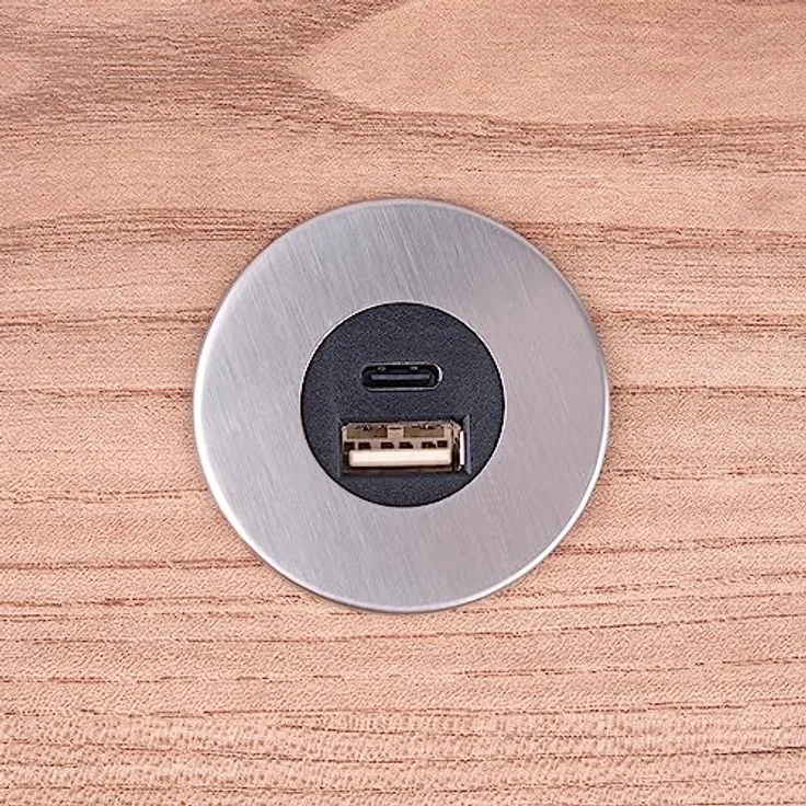 kalb Einbau USB-Hub 2 in 1 USB und USB-C, Edelstahl gebürstet, Steckdose für Möbel, 12V, platzsparend mit 200cm Kabel – Bild 2